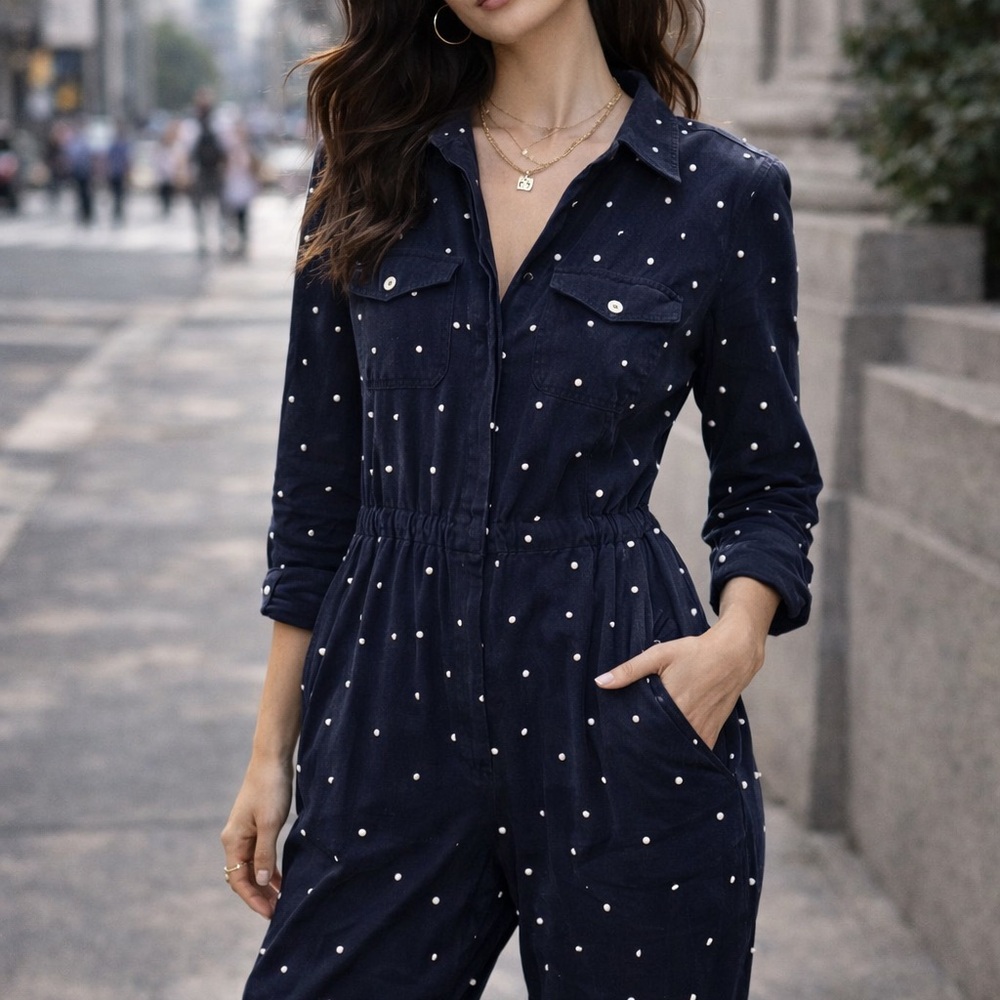 Ashley Stewart Navy and White pearl Jumpsuit